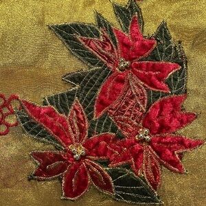 Beautiful Semi sheer Christmas table cloth, red,gold,green, poinsettias, tassels
